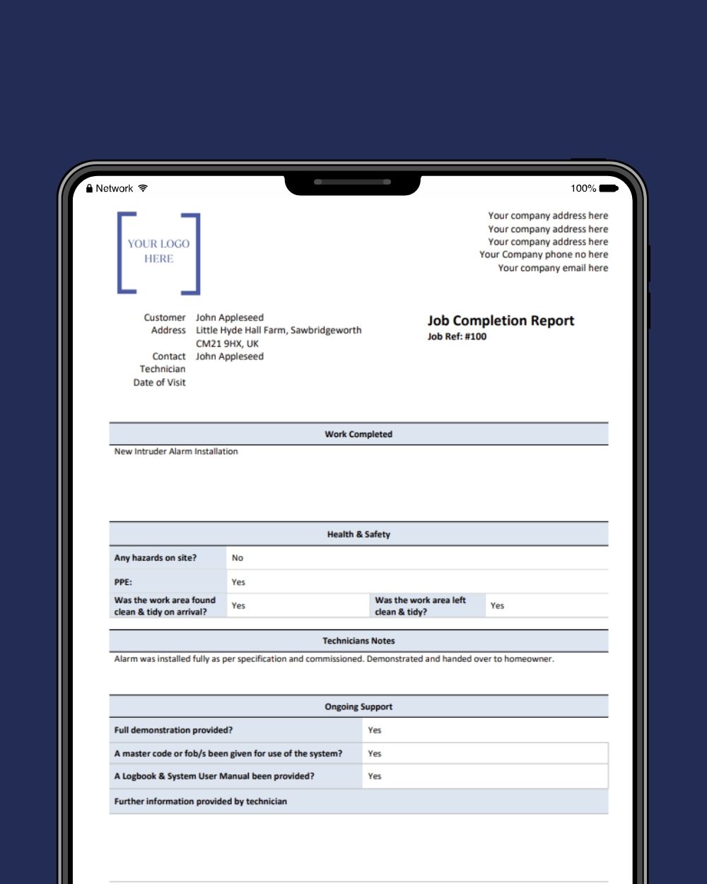 Intruder Alarm Installation Job Completion Report